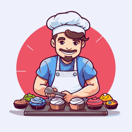 Téléchargez les illustrations : Chef cuisinier muffins. Illustration vectorielle dans un style de dessin animé. - en licence libre de droit