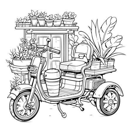 Illustration for Hand drawn vector illustration of a vintage scooter with a basket of flowers - Royalty Free Image