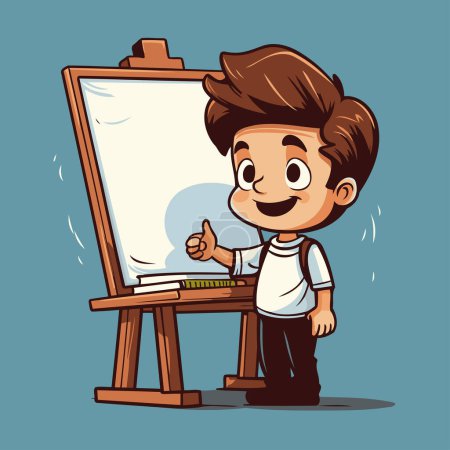 Téléchargez les illustrations : Petit garçon dessinant sur le chevalet. Illustration vectorielle dans le style dessin animé - en licence libre de droit