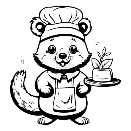 Téléchargez les illustrations : Illustration vectorielle du chef furet dessin animé avec un chapeau et un bol de nourriture - en licence libre de droit