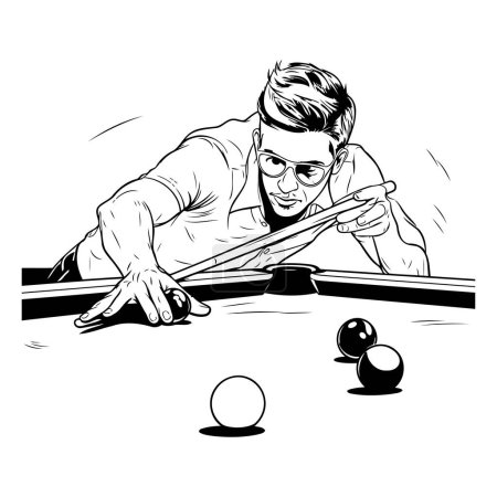 Illustration for Young man playing billiards. Black and white vector illustration. - Royalty Free Image
