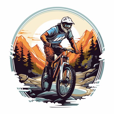 Illustration for Mountain biker rides on the road in the mountains. Vector illustration. - Royalty Free Image