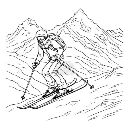 Téléchargez les illustrations : Un skieur dans les montagnes. Illustration vectorielle noir et blanc. - en licence libre de droit
