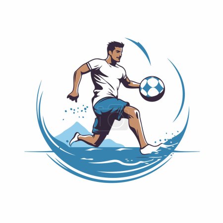 Illustration for Soccer player with ball on the sea wave. Vector illustration. - Royalty Free Image