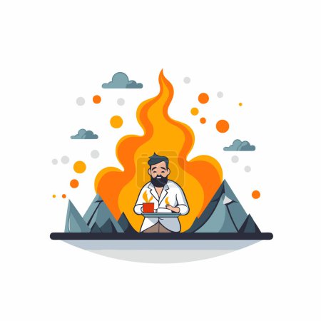 Illustration for Man sitting at the campfire. Flat style vector illustration on white background. - Royalty Free Image