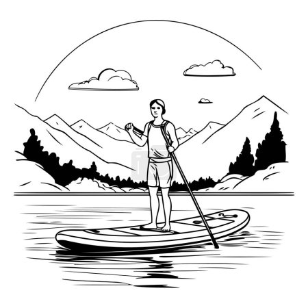 Illustration for Woman paddling on a stand up paddle board. black and white vector illustration graphic design - Royalty Free Image