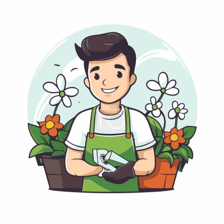 Téléchargez les illustrations : Jardinage homme avec des fleurs. Illustration vectorielle dans le style dessin animé. - en licence libre de droit
