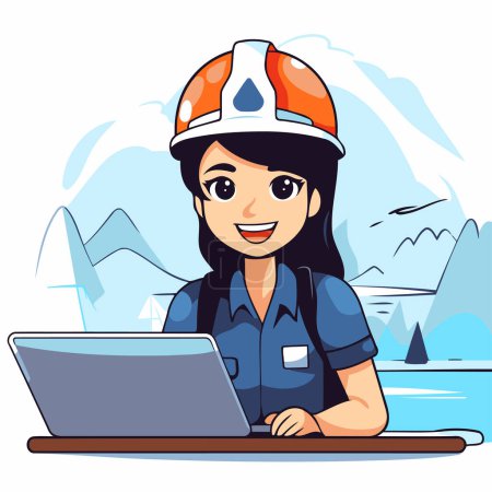 Illustration for Vector illustration of a female firefighter working with a laptop in the mountains. - Royalty Free Image