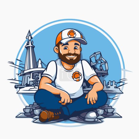 Illustration for Bearded man in a cap and t-shirt sitting on the beach. Vector illustration. - Royalty Free Image