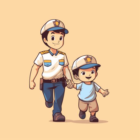 Téléchargez les illustrations : Illustration vectorielle d'un policier marchant avec un enfant dans ses bras - en licence libre de droit