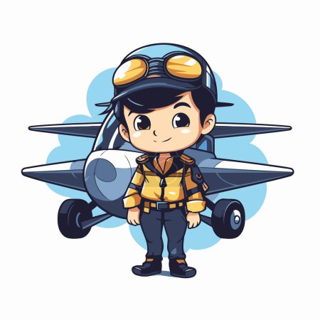 Ilustración de Lindo chico piloto con avión sobre fondo blanco. Ilustración vectorial. - Imagen libre de derechos