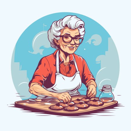Elderly woman baking cakes. Vector illustration in retro style.
