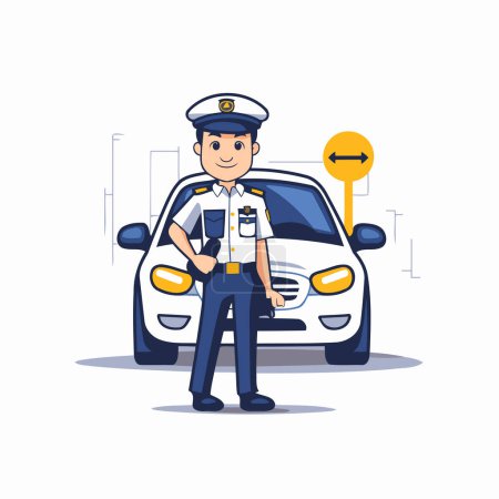 Illustration for Policeman in uniform standing next to car. Vector illustration. - Royalty Free Image