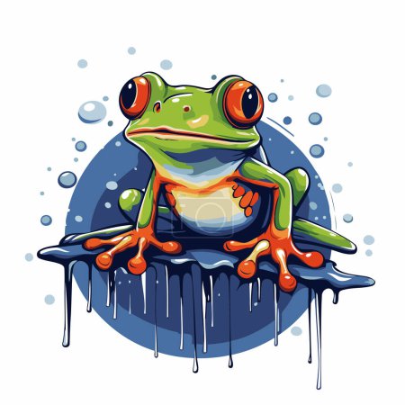 Zeichentrickfilm grüner Frosch sitzt auf einem Tropfen Wasser. Vektorillustration.