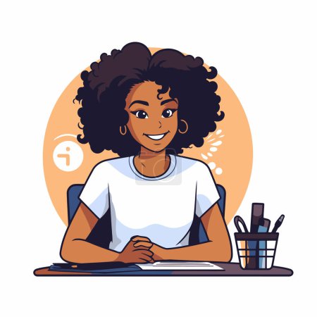 Illustration for Vector illustration of a young woman sitting at her desk in office. - Royalty Free Image