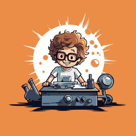 Illustration for Cute boy playing on turntable. Vector cartoon illustration. - Royalty Free Image