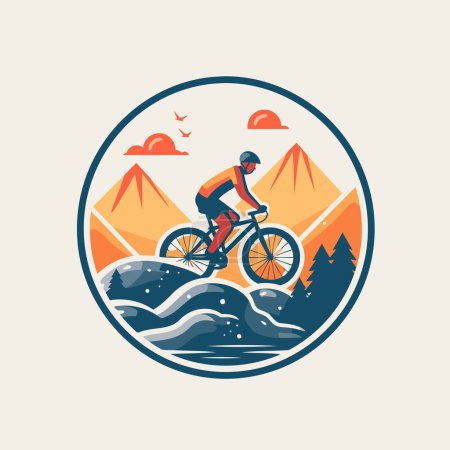 Illustration for Mountain biker rides through the mountains. Vector illustration in flat style. - Royalty Free Image