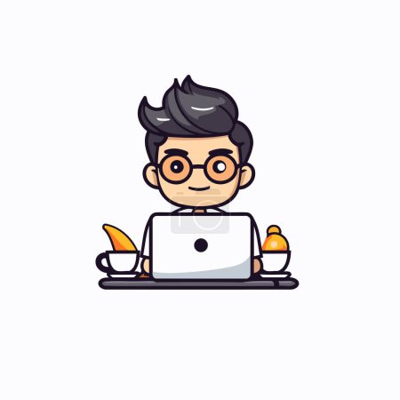 Illustration for Cute Cartoon Man Working on His Laptop. Vector Illustration - Royalty Free Image
