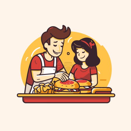 Illustration for Couple cooking pizza. Vector illustration in cartoon style. Man and woman cooking pizza. - Royalty Free Image