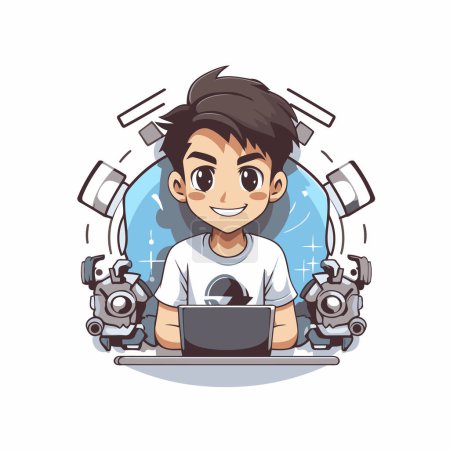 Téléchargez les illustrations : Illustration vectorielle d'un garçon travaillant sur un ordinateur portable. Mignon personnage de dessin animé. - en licence libre de droit