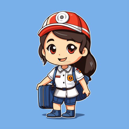 Ilustración de Linda chica en uniforme de bombero con una maleta. Ilustración vectorial. - Imagen libre de derechos