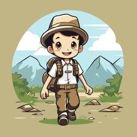 Téléchargez les illustrations : Garçon explorateur avec sac à dos et chapeau randonnée dans les montagnes. illustration vectorielle - en licence libre de droit
