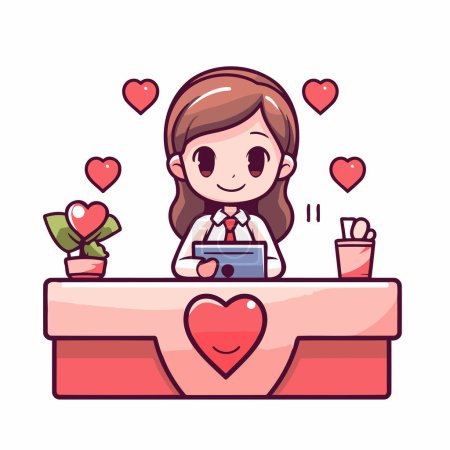 Illustration for Cute girl working with laptop in cafe. Vector cartoon illustration. - Royalty Free Image