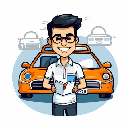 Illustration for Young man with a newspaper and a car. Cartoon vector illustration. - Royalty Free Image