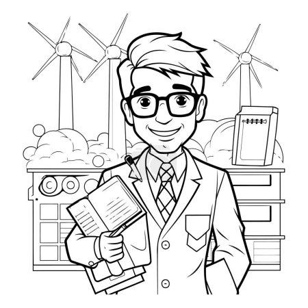 Téléchargez les illustrations : Illustration en noir et blanc d'un homme tenant un livre et une éolienne - en licence libre de droit