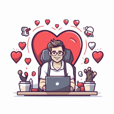 Téléchargez les illustrations : Illustration vectorielle d'un homme travaillant à la maison avec un ordinateur portable et des cœurs autour de lui - en licence libre de droit