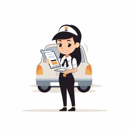 Illustration for Sailor with clipboard and car. Vector illustration in cartoon style - Royalty Free Image