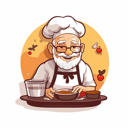 Téléchargez les illustrations : Illustration vectorielle d'un vieux chef avec une tasse de café à la main - en licence libre de droit