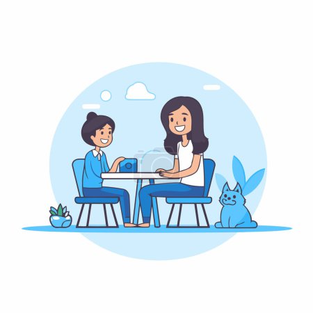Illustration for Mother and daughter sitting at table and playing with cat. Vector illustration. - Royalty Free Image