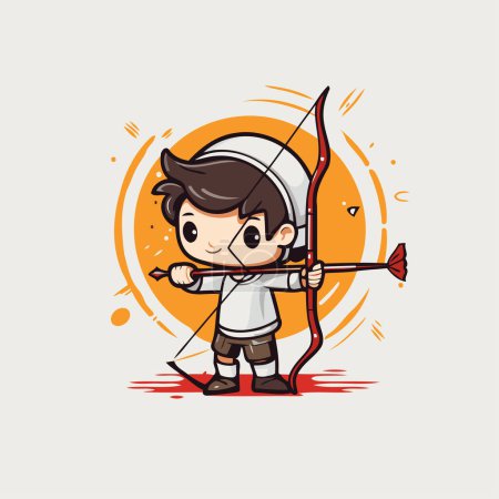 Téléchargez les illustrations : Mignon garçon archer avec arc et flèche illustration vectorielle de dessin animé. - en licence libre de droit