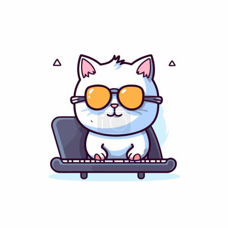 Illustration for Cute cat in glasses sitting on a laptop. Vector illustration. - Royalty Free Image