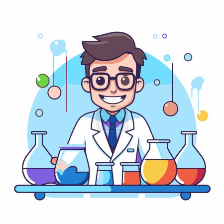 Illustration for Scientist man working in laboratory. Vector illustration in cartoon style. - Royalty Free Image