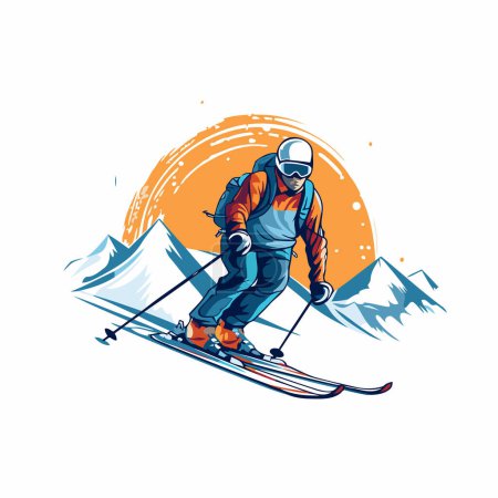 Illustration for Skier in the mountains. Skier skiing downhill. Vector illustration - Royalty Free Image