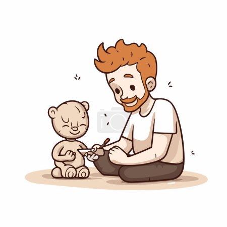 Illustration for Father and son playing with a teddy bear. Vector illustration. - Royalty Free Image