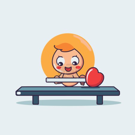 Illustration for Cute little boy cartoon character playing on the trolley. Vector illustration. - Royalty Free Image