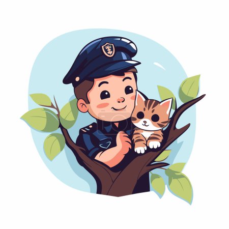 Téléchargez les illustrations : Joli garçon en uniforme de police tenant un chat. Illustration vectorielle. - en licence libre de droit