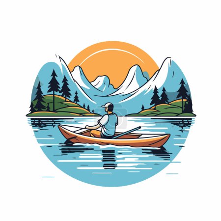 Illustration for Man in a canoe paddling on the lake. Vector illustration. - Royalty Free Image