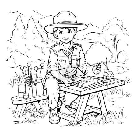 Ilustración de Página para colorear al aire libre de un boy scout sentado en un banco y escribiendo - Imagen libre de derechos
