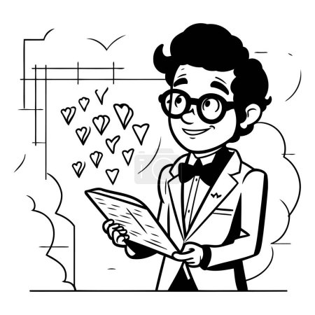 Ilustración de Ilustración en blanco y negro de un hombre con esmoquin leyendo un libro. - Imagen libre de derechos