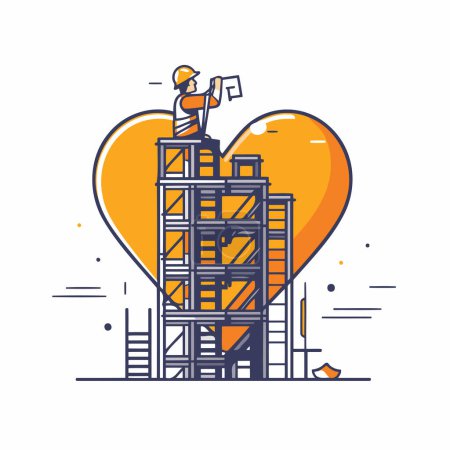 Illustration for Vector illustration in flat linear design style - construction site with workers and heart - Royalty Free Image
