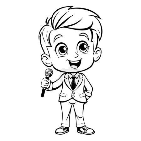 Ilustración de Ilustración de dibujos animados en blanco y negro de Little Boy cantando con micrófono para colorear libro - Imagen libre de derechos
