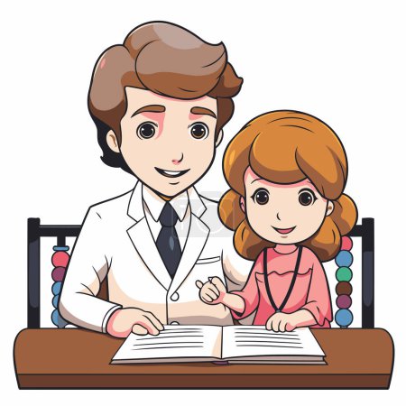 Téléchargez les illustrations : Illustration d'une petite fille étudiant avec un médecin - Vecteur - en licence libre de droit