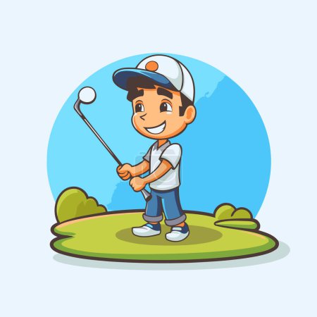 Illustration for Cartoon boy playing golf in the park. Vector flat illustration. - Royalty Free Image