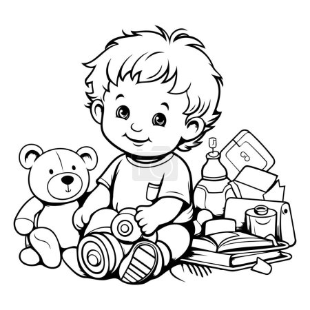 Téléchargez les illustrations : Garçon avec des jouets. Livre à colorier pour enfants. Illustration vectorielle. - en licence libre de droit