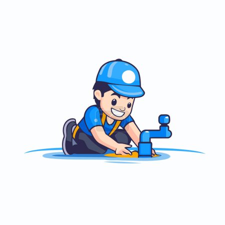 Plumber repairing water tap. Vector illustration in flat cartoon style.