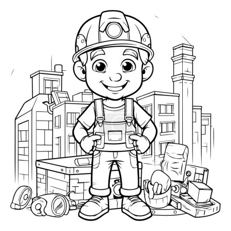 Ilustración de Ilustración de dibujos animados en blanco y negro del personaje del trabajador de la construcción del niño para colorear libro - Imagen libre de derechos